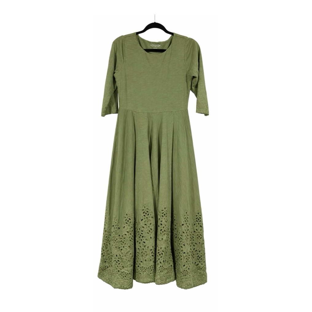 Soft Surroundings Petite Xsmall Olive Eyelet Midi Dress 3/4 Sleeve Boho